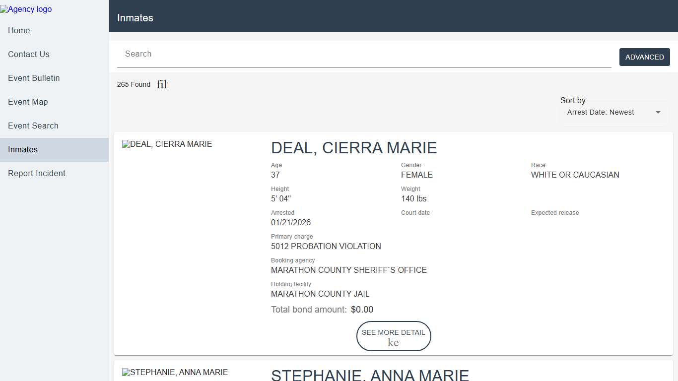 Marathon County Sheriff's Office | Police to Citizen - Inmates catalog
